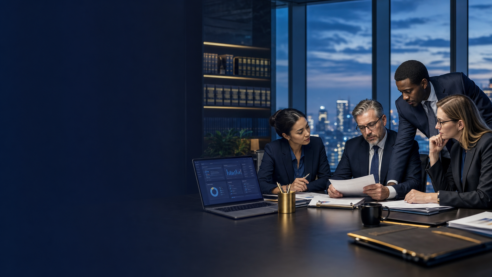 Legal team reviewing case work in a modern law office